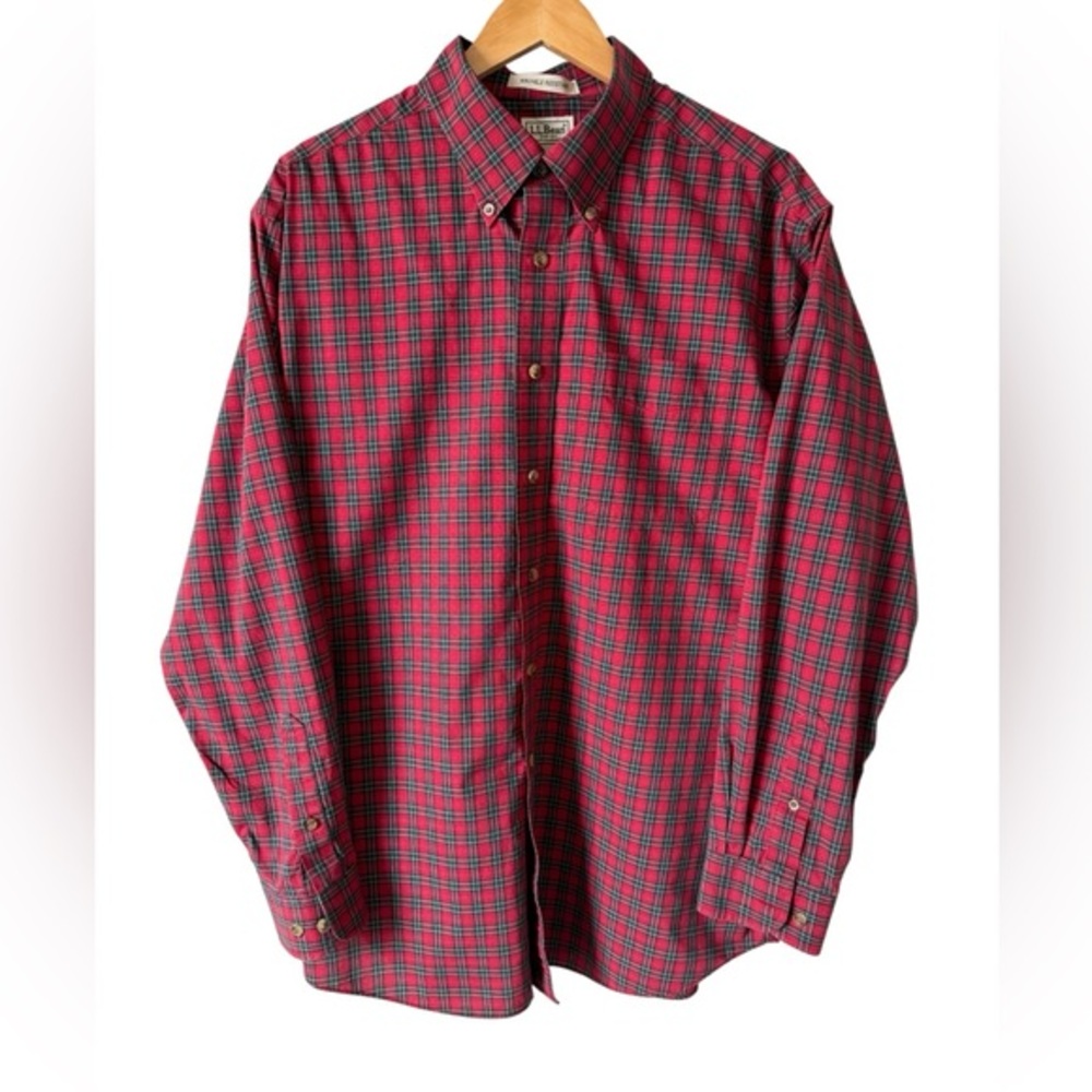 L.L.Bean L Regular Red Green Plaid Button Down Shirt 100% Cotton - Picture 1 of 6
